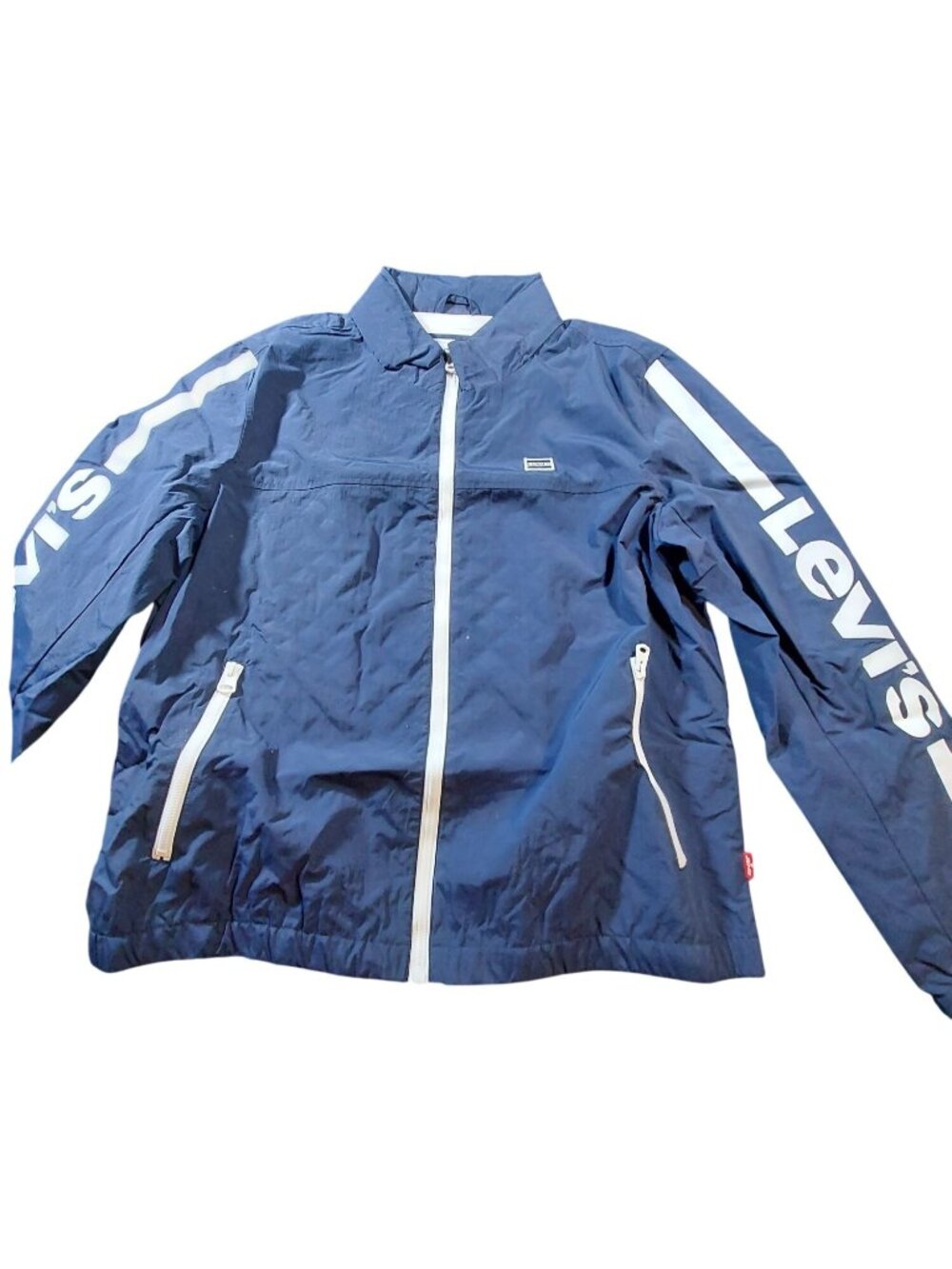 Levis Mens Navy Full-Zip Windbreaker Jacket With White Logo & Pockets Size L 145